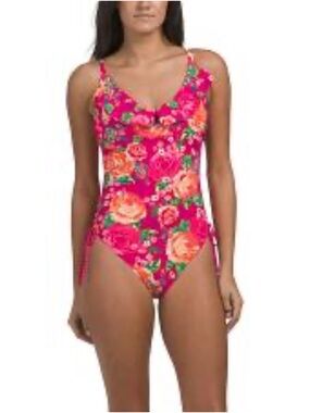 Floral Scoop One-Piece scrunch tie sides Swimsuit in Hot Pink